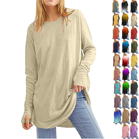 Vibrex Women's Casual Long Sleeve Tops Crew Neck Round Hem Loose T-Shirts Tops with Thumb Holes Lightweight Workout Tops Running Pullover Women T Shirt Round Neck Basic Solid Color Loose Tops