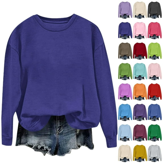 Vibrex Women's Crewneck Sweatshirt, Loose Fit Long Sleeve Basic Top for Casual Loungewear, Soft Solid Color Pullover