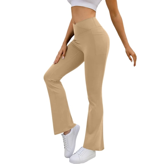 Vibrex Women's Crossover Flare Leggings with Pockets Yoga Pants High Waist Casual Workout Gym Leggings Women's Solid Color Elastic Waist Fold Trousers