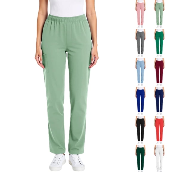 Vibrex Women’s Elastic Waist Scrub Pants Women Solid Color Loose Work Uniform Loose Tight Waist Trousers Pocket Nursing Uniform Full Length Pants