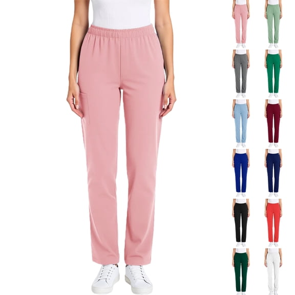 Vibrex Women’s Elastic Waist Scrub Pants Women Solid Color Loose Work Uniform Loose Tight Waist Trousers Pocket Nursing Uniform Full Length Pants
