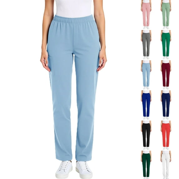 Vibrex Women’s Elastic Waist Scrub Pants Women Solid Color Loose Work Uniform Loose Tight Waist Trousers Pocket Nursing Uniform Full Length Pants