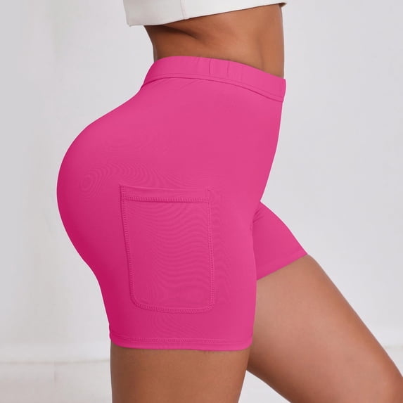 Vibrex Women's High Waist Yoga Shorts with Pockets, Solid Color Stretchy Athletic Workout Shorts, Slim Fit Casual Summer Active Bottoms,Hot Pink_L