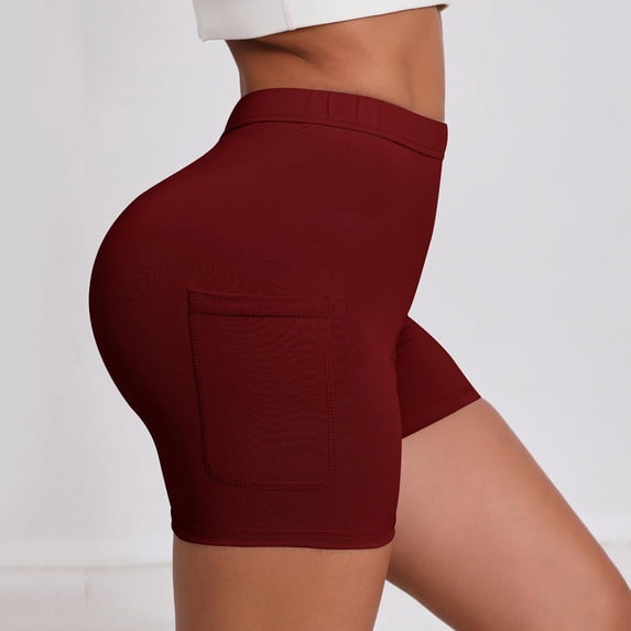 Vibrex Women's High Waist Yoga Shorts with Pockets, Solid Color Stretchy Athletic Workout Shorts, Slim Fit Casual Summer Active Bottoms,Wine_2XL
