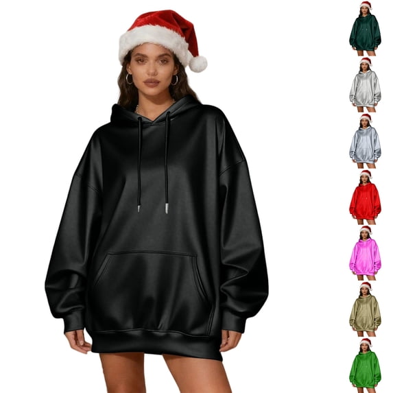 Vibrex Women's Hooded Long Sleeve Sweatshirt Solid Color Stretch Satin Casual Pullover Top