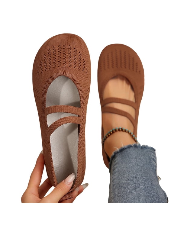 Women's Knit Mary Jane Flats Round Toe Slip On Ballet Shoes Elastic Strap Breathable Soft Casual Work Office Daily Walking Flat Shoes