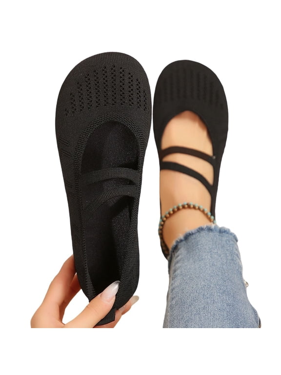 Women's Knit Mary Jane Flats Round Toe Slip On Ballet Shoes Elastic Strap Breathable Soft Casual Work Office Daily Walking Flat Shoes