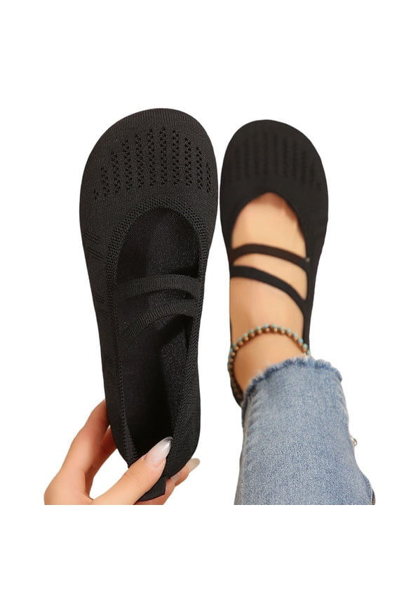 Women's Knit Mary Jane Flats Round Toe Slip On Ballet Shoes Elastic Strap Breathable Soft Casual Work Office Daily Walking Flat Shoes