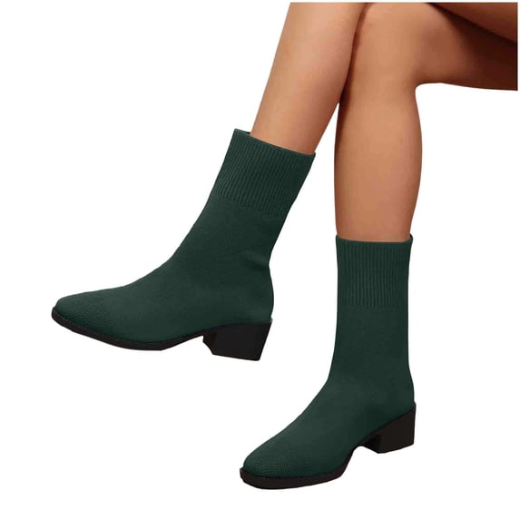 Vibrex Women's Knit Stretch Sock Boot Low Block Heel Round Toe Side Fall Winter Dress Boots for Women Breathable Comfortable Ankle Boots