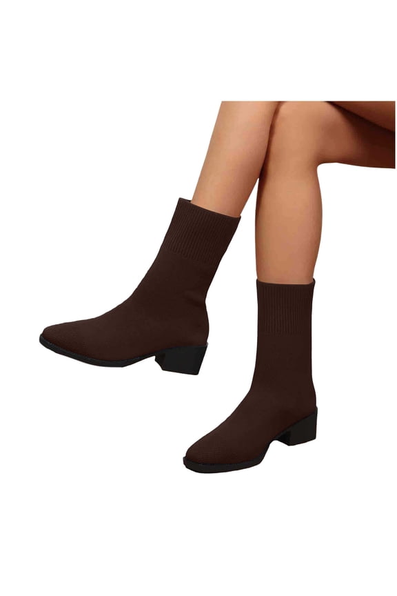 Women's Knit Stretch Sock Boot Low Block Heel Round Toe Side Fall Winter Dress Boots for Women Breathable Comfortable Ankle Boots