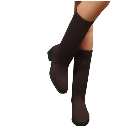 Vibrex Women's Knit Stretch Sock Boot Low Block Heel Round Toe Side Fall Winter Dress Boots for Women Breathable Comfortable Mid Calf Boots