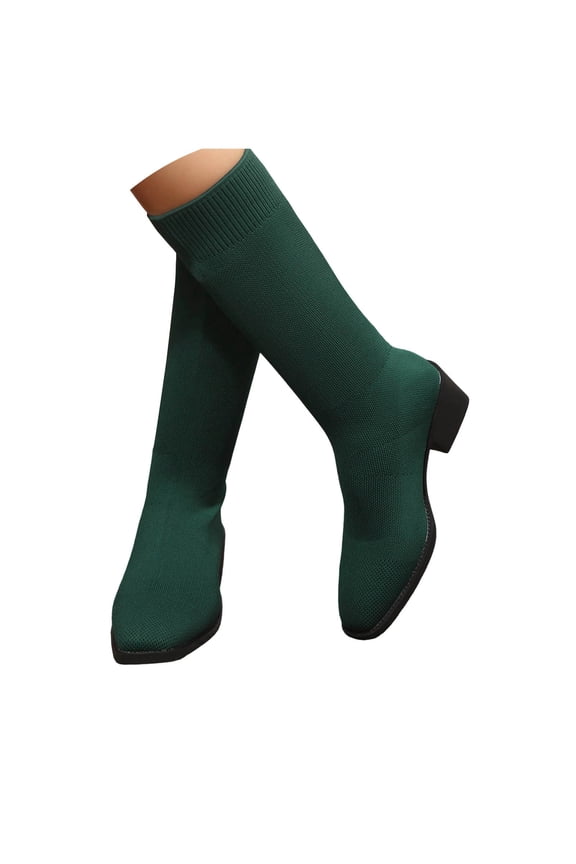 Women's Knit Stretch Sock Boot Low Block Heel Round Toe Side Fall Winter Dress Boots for Women Breathable Comfortable Mid Calf Boots