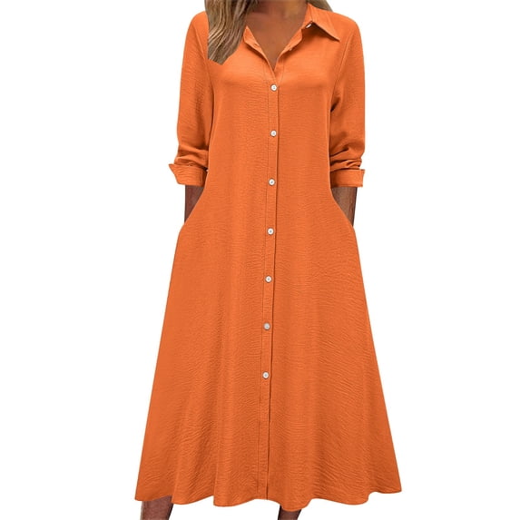 Vibrex Women's Long Sleeve Linen-Cotton Lapel Solid Color Ankle-Length Button-Front Maxi Dress Summer Daily Flowy Casual Outings Beach Vacation Clothes Button Down Shirts Cute Sundresses Shirt Dress