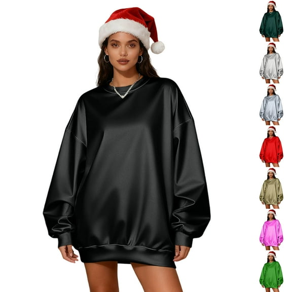 Vibrex Women's Long Sleeve Sweatshirt Solid Color Pullover Stretchy Satin Casual Lounge Comfort Fit Top