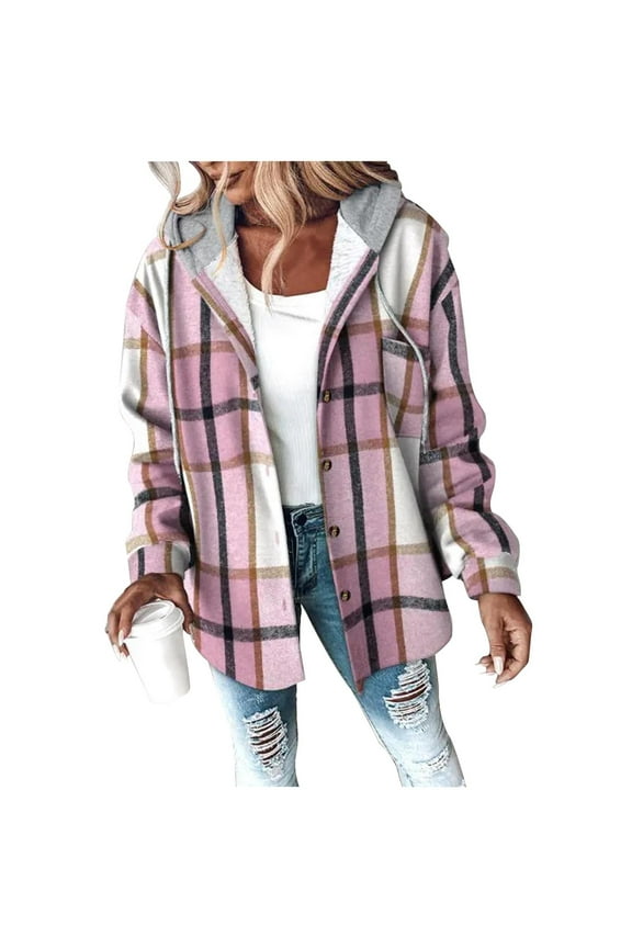 Women's Plaid Jacket Long Sleeve Button Down Flannel Shirts Jacket Women's Casual Fashion Plaid Hooded Long Sleeve Hooded Thick Sweatshirt Coat Fleece Lined Hooded Jackets Warm Coat