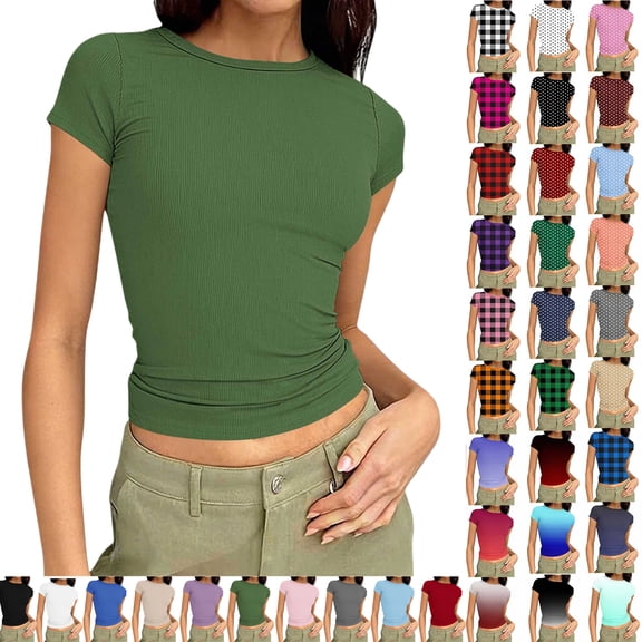 Vibrex Women's Ribbed Knit Short Sleeve T Shirt Crew Neck Slim Fit Crop Top Casual Solid Color Stretchy Form Fitting Trendy Summer Basic Tees for Daily Wear