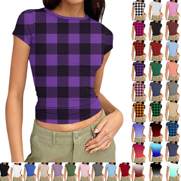 Vibrex Women's Ribbed Knit Short Sleeve T Shirt Crew Neck Slim Fit Crop Top Casual Solid Color Stretchy Form Fitting Trendy Summer Basic Tees for Daily Wear