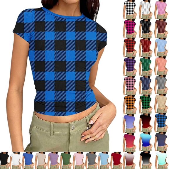 Vibrex Women's Ribbed Knit Short Sleeve T Shirt Crew Neck Slim Fit Crop Top Casual Solid Color Stretchy Form Fitting Trendy Summer Basic Tees for Daily Wear