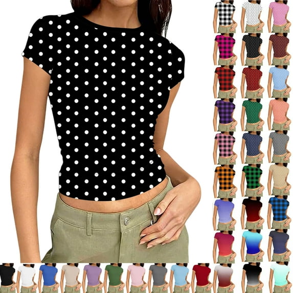 Vibrex Women's Ribbed Knit Short Sleeve T Shirt Crew Neck Slim Fit Crop Top Casual Solid Color Stretchy Form Fitting Trendy Summer Basic Tees for Daily Wear