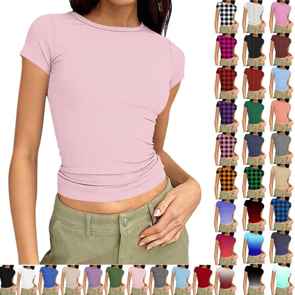 Vibrex Women's Ribbed Knit Short Sleeve T Shirt Crew Neck Slim Fit Crop Top Casual Solid Color Stretchy Form Fitting Trendy Summer Basic Tees for Daily Wear