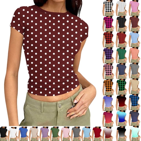 Vibrex Women's Ribbed Knit Short Sleeve T Shirt Crew Neck Slim Fit Crop Top Casual Solid Color Stretchy Form Fitting Trendy Summer Basic Tees for Daily Wear