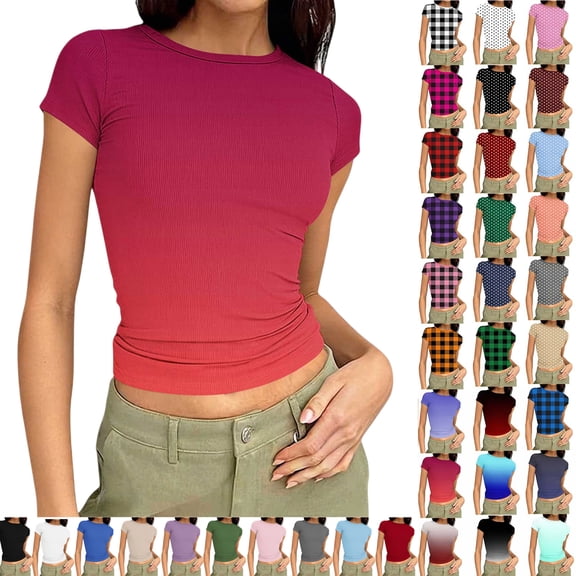 Vibrex Women's Ribbed Knit Short Sleeve T Shirt Crew Neck Slim Fit Crop Top Casual Solid Color Stretchy Form Fitting Trendy Summer Basic Tees for Daily Wear