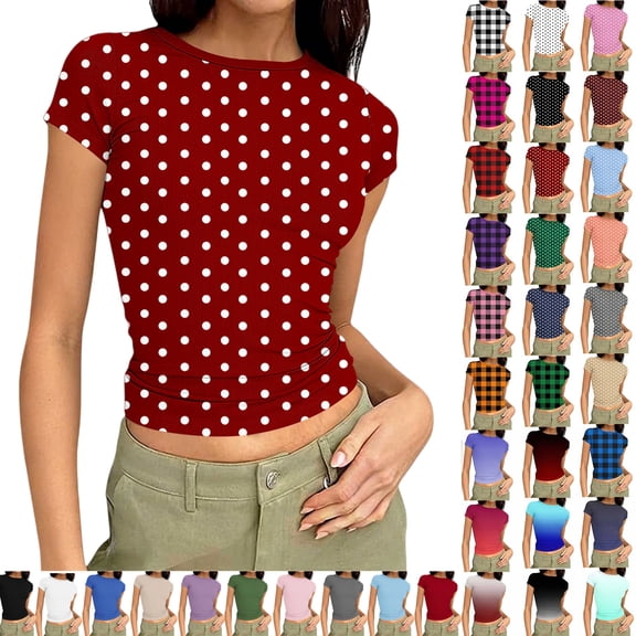 Vibrex Women's Ribbed Knit Short Sleeve T Shirt Crew Neck Slim Fit Crop Top Casual Solid Color Stretchy Form Fitting Trendy Summer Basic Tees for Daily Wear