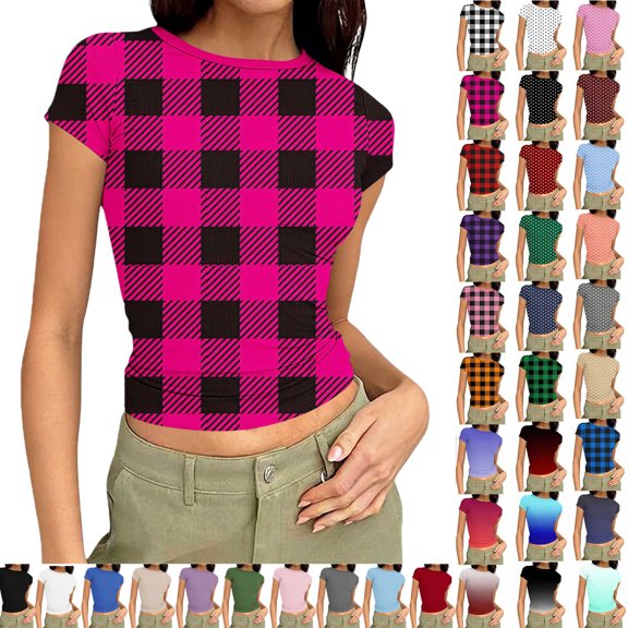 Vibrex Women's Ribbed Knit Short Sleeve T Shirt Crew Neck Slim Fit Crop Top Casual Solid Color Stretchy Form Fitting Trendy Summer Basic Tees for Daily Wear