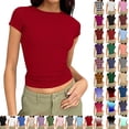 thumbnail image 1 of Vibrex Women's Ribbed Knit Short Sleeve T Shirt Crew Neck Slim Fit Crop Top Casual Solid Color Stretchy Form Fitting Trendy Summer Basic Tees for Daily Wear, 1 of 8