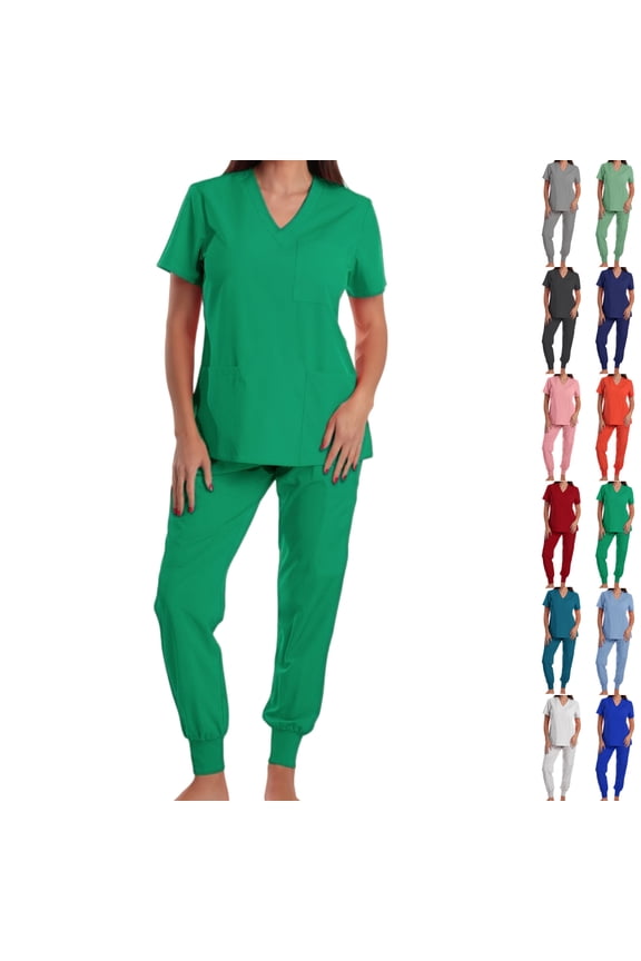 Women's Scrub Set: Short-Stretch Sleeve V-Neck Top & Drawstring Pants - Multi-Pocket, Loose-Fit Uniform for Nurses, Caregivers, Medical Staff (Multiple Colors)