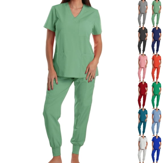 Vibrex Women's Scrub Set: Short-Stretch Sleeve V-Neck Top & Drawstring Pants - Multi-Pocket, Loose-Fit Uniform for Nurses, Caregivers, Medical Staff (Multiple Colors)