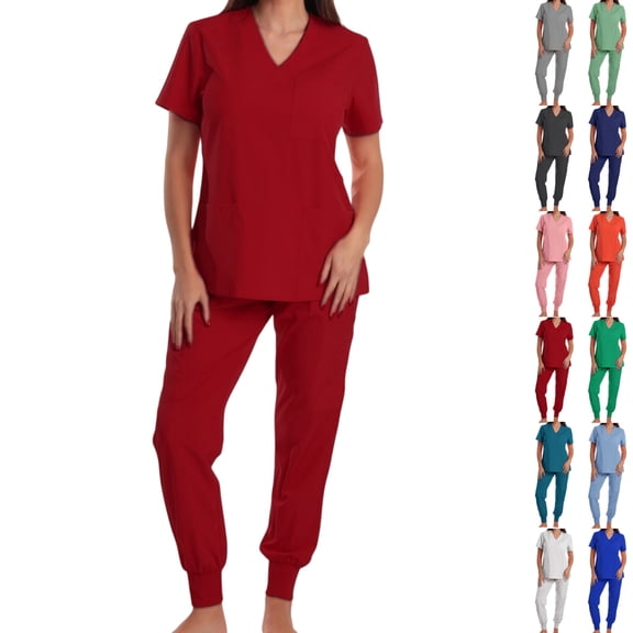 Vibrex Women's Scrub Set: Short-Stretch Sleeve V-Neck Top & Drawstring Pants - Multi-Pocket, Loose-Fit Uniform for Nurses, Caregivers, Medical Staff (Multiple Colors)
