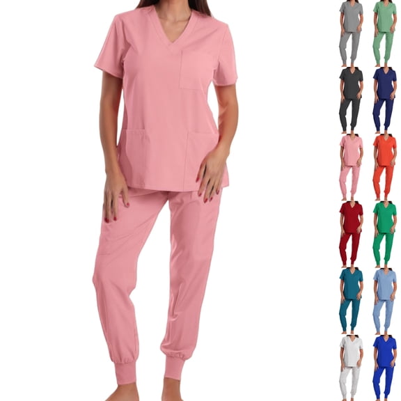 Vibrex Women's Scrub Set: Short-Stretch Sleeve V-Neck Top & Drawstring Pants - Multi-Pocket, Loose-Fit Uniform for Nurses, Caregivers, Medical Staff (Multiple Colors)