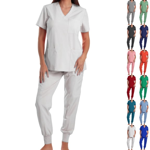 Vibrex Women's Scrub Set: Short-Stretch Sleeve V-Neck Top & Drawstring Pants - Multi-Pocket, Loose-Fit Uniform for Nurses, Caregivers, Medical Staff (Multiple Colors)