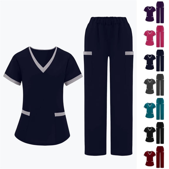 Vibrex Women's Scrub Set: Short-Stretch Sleeve V-Neck Top & Drawstring Pants - Multi-Pocket, Loose-Fit Uniform for Nurses, Caregivers, Medical Staff (Multiple Colors)