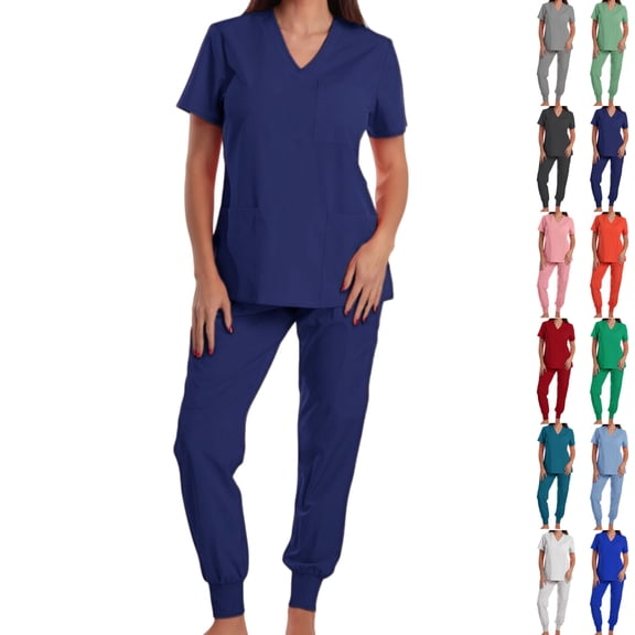 Vibrex Women's Scrub Set: Short-Stretch Sleeve V-Neck Top & Drawstring Pants - Multi-Pocket, Loose-Fit Uniform for Nurses, Caregivers, Medical Staff (Multiple Colors)
