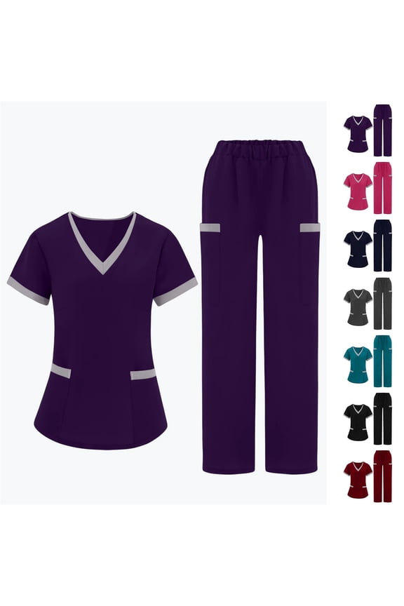 Women's Scrub Set: Short-Stretch Sleeve V-Neck Top & Drawstring Pants - Multi-Pocket, Loose-Fit Uniform for Nurses, Caregivers, Medical Staff (Multiple Colors)