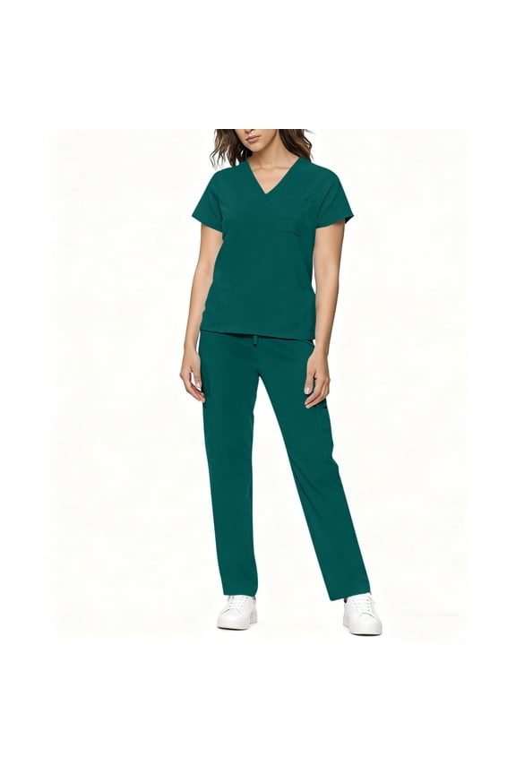 Women's Scrub Set: Short-Stretch Sleeve V-Neck Top & Drawstring Pants - Multi-Pocket, Loose-Fit Uniform for Nurses, Caregivers, Medical Staff (Multiple Colors)