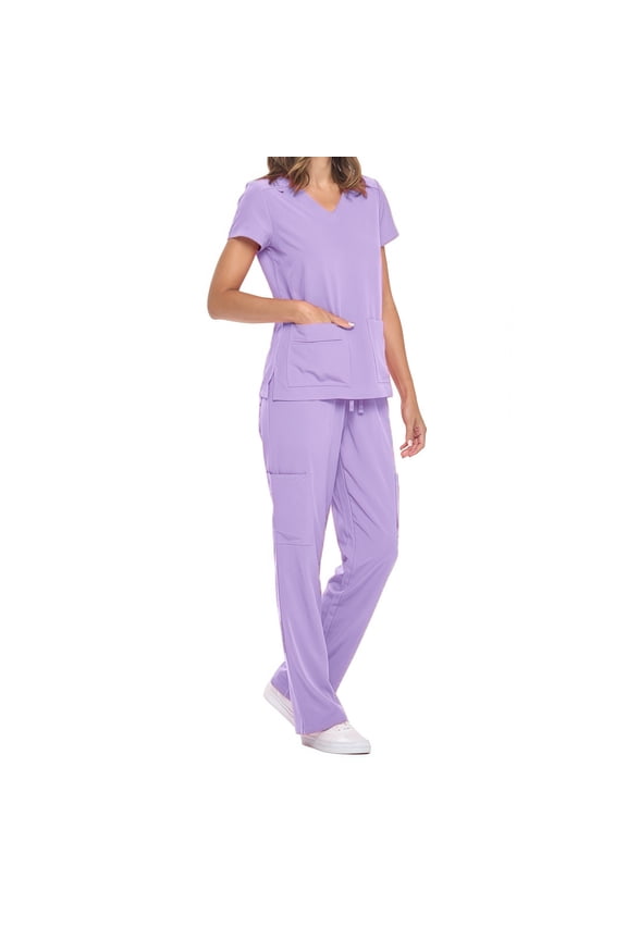 Women's Scrub Set: Short-Stretch Sleeve V-Neck Top & Drawstring Pants - Multi-Pocket, Loose-Fit Uniform for Nurses, Caregivers, Medical Staff (Multiple Colors)