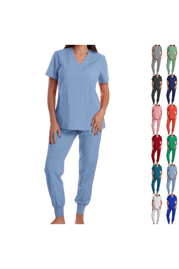 Women's Scrub Set: Short-Stretch Sleeve V-Neck Top & Drawstring Pants - Multi-Pocket, Loose-Fit Uniform for Nurses, Caregivers, Medical Staff (Multiple Colors)