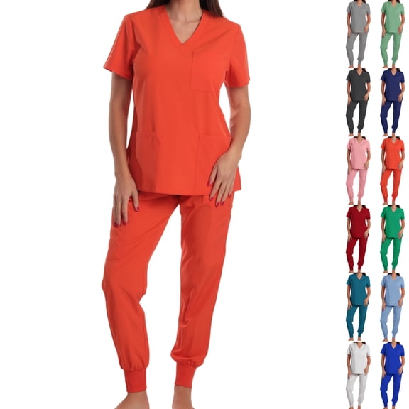 Vibrex Women's Scrub Set: Short-Stretch Sleeve V-Neck Top & Drawstring Pants - Multi-Pocket, Loose-Fit Uniform for Nurses, Caregivers, Medical Staff (Multiple Colors)