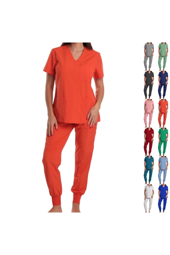 Women's Scrub Set: Short-Stretch Sleeve V-Neck Top & Drawstring Pants - Multi-Pocket, Loose-Fit Uniform for Nurses, Caregivers, Medical Staff (Multiple Colors)