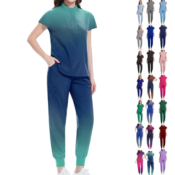 Vibrex Women's Scrub Set: Women's Solid Color Casual Nurse Protective Uniform Short Sleeved Round Neck Shirt Set Multi-Pocket, Loose-Fit Uniform for Nurses, Caregivers, Medical Staff