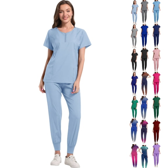 Vibrex Women's Scrub Set: Women's Solid Color Casual Nurse Protective Uniform Short Sleeved Round Neck Shirt Set Multi-Pocket, Loose-Fit Uniform for Nurses, Caregivers, Medical Staff