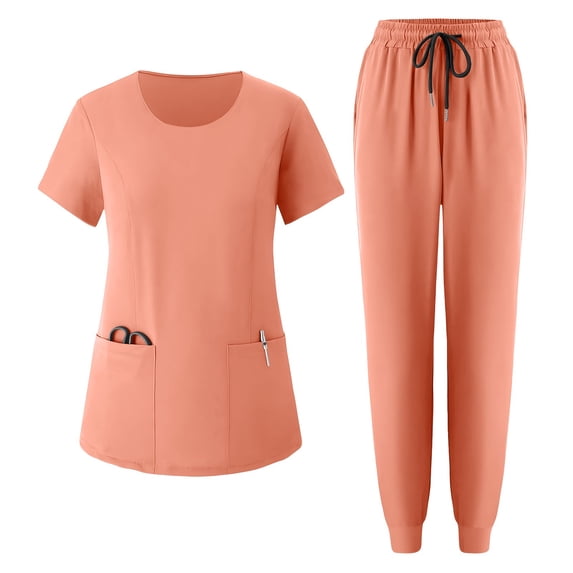 Vibrex Women's Scrub Set: Women's Solid Color Casual Nurse Protective Uniform Short Sleeved Round Neck Shirt Set Multi-Pocket, Loose-Fit Uniform for Nurses, Caregivers, Medical Staff