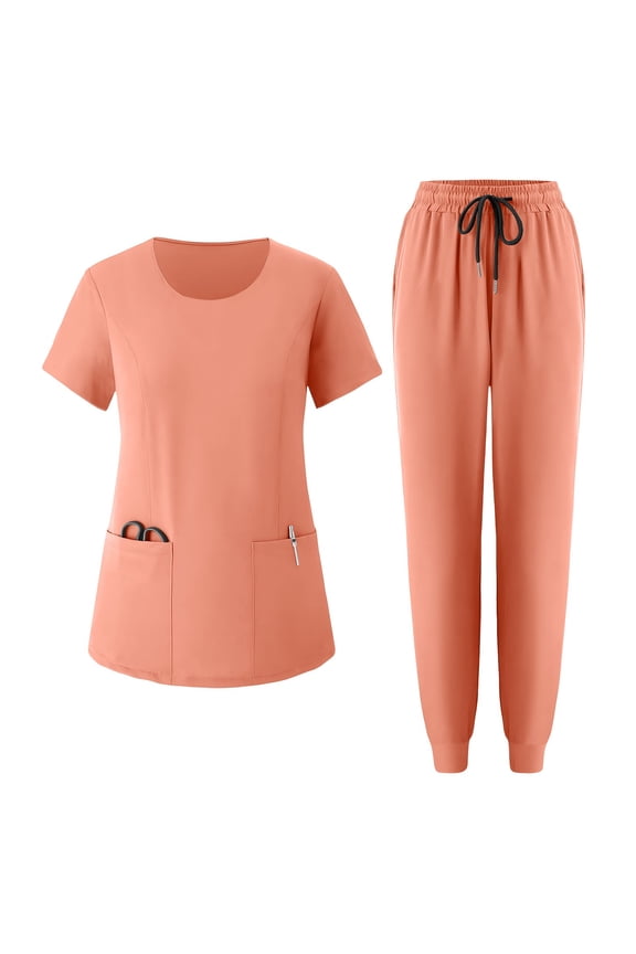 Women's Scrub Set: Women's Solid Color Casual Nurse Protective Uniform Short Sleeved Round Neck Shirt Set Multi-Pocket, Loose-Fit Uniform for Nurses, Caregivers, Medical Staff