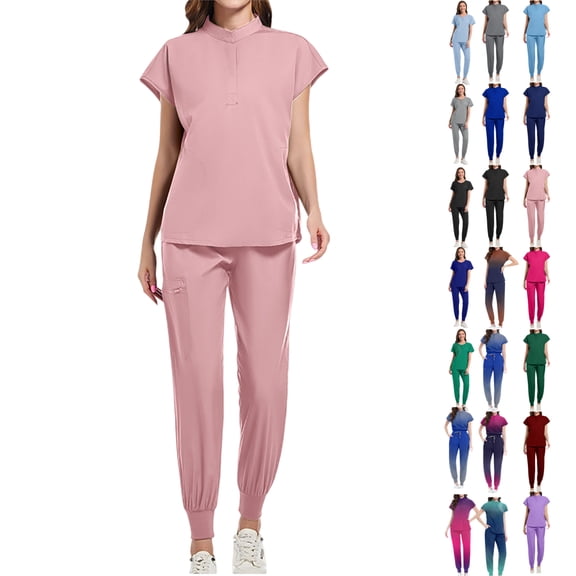 Vibrex Women's Scrub Set: Women's Solid Color Casual Nurse Protective Uniform Short Sleeved Round Neck Shirt Set Multi-Pocket, Loose-Fit Uniform for Nurses, Caregivers, Medical Staff