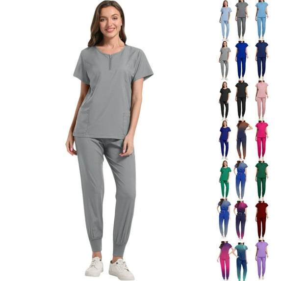 Vibrex Women's Scrub Set: Women's Solid Color Casual Nurse Protective Uniform Short Sleeved Round Neck Shirt Set Multi-Pocket, Loose-Fit Uniform for Nurses, Caregivers, Medical Staff