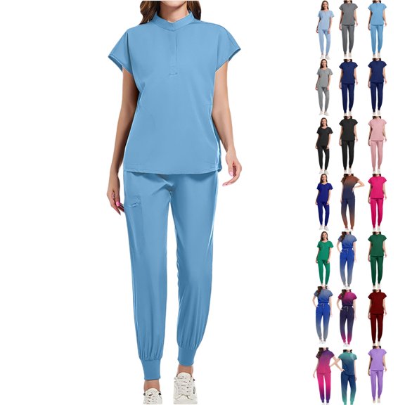 Vibrex Women's Scrub Set: Women's Solid Color Casual Nurse Protective Uniform Short Sleeved Round Neck Shirt Set Multi-Pocket, Loose-Fit Uniform for Nurses, Caregivers, Medical Staff
