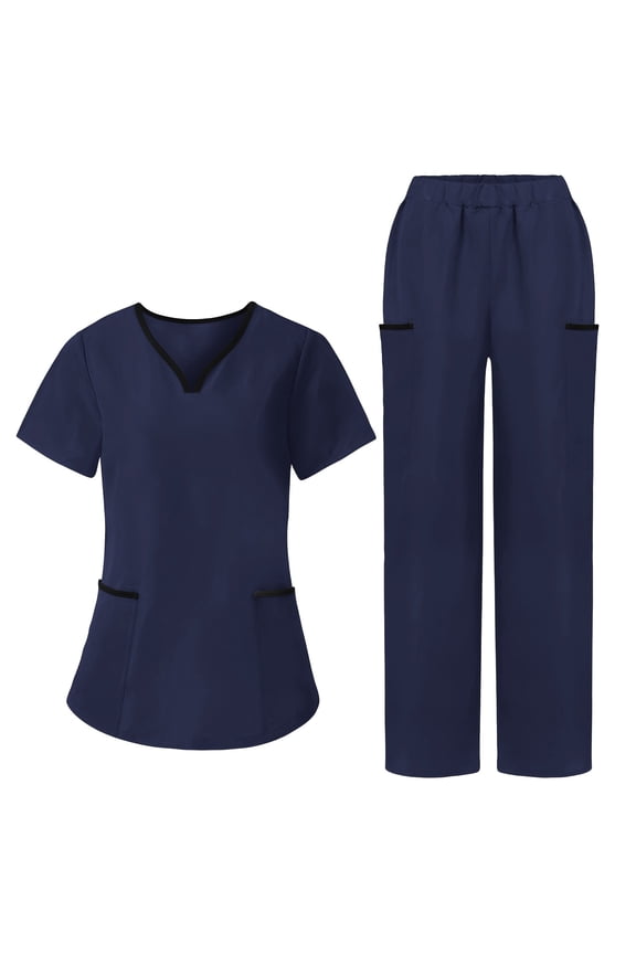 Women's Scrub Set: Women's Solid Color Casual Nurse Protective Uniform Short Sleeved Round Neck Shirt Set Multi-Pocket, Loose-Fit Uniform for Nurses, Caregivers, Medical Staff